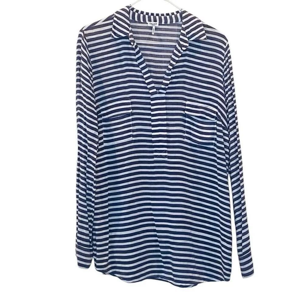 Splendid Striped Long Sleeve Rayon Tunic Shirt Blouse White Blue Medium